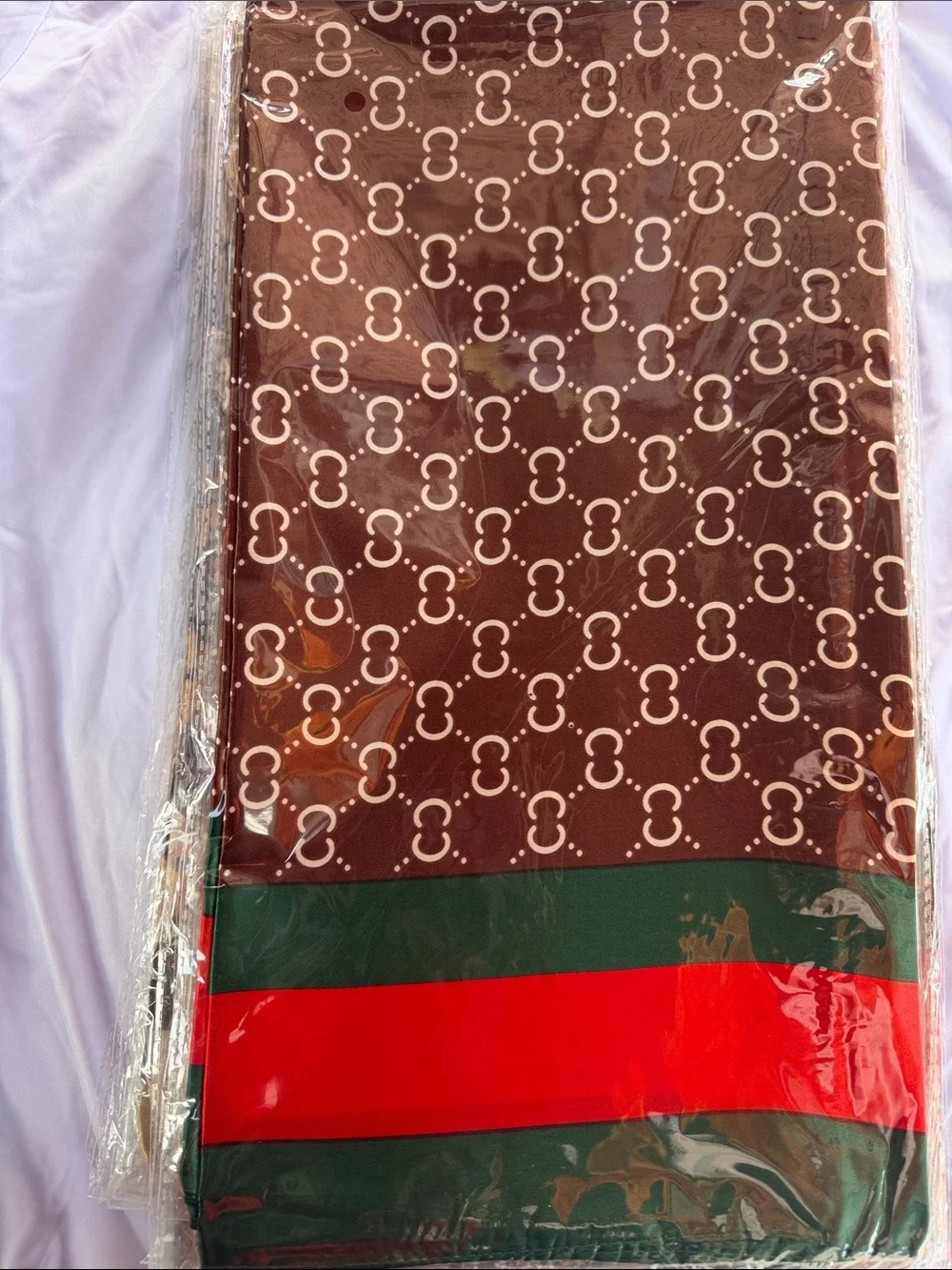 Women's Brown Patterned Scarf with Red and Green Stripe